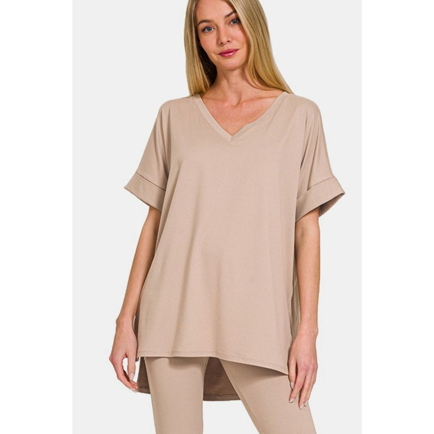 Zenana Full Size V-Neck Rolled Short Sleeve T-Shirt and Leggings Lounge Set