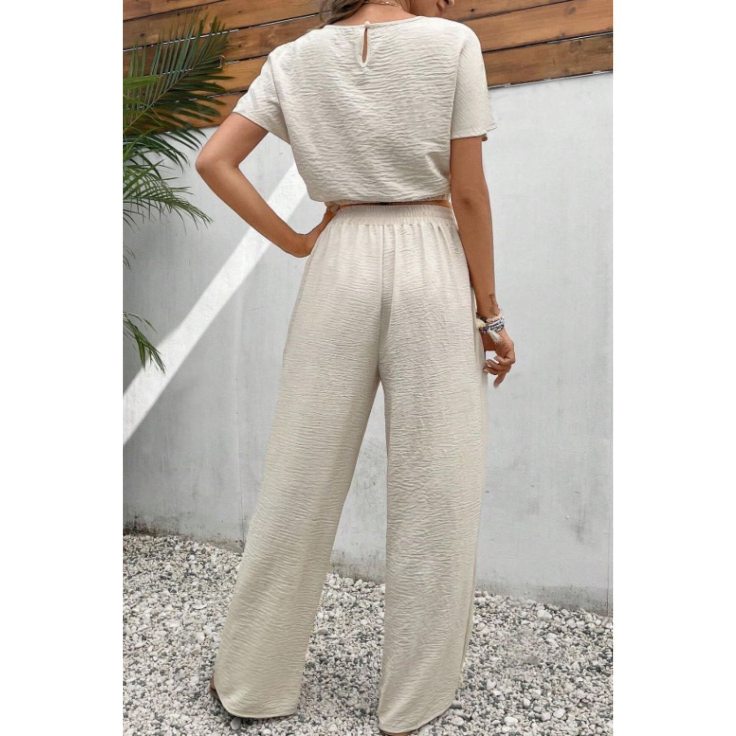 Round Neck Short Sleeve Top and Pants Set