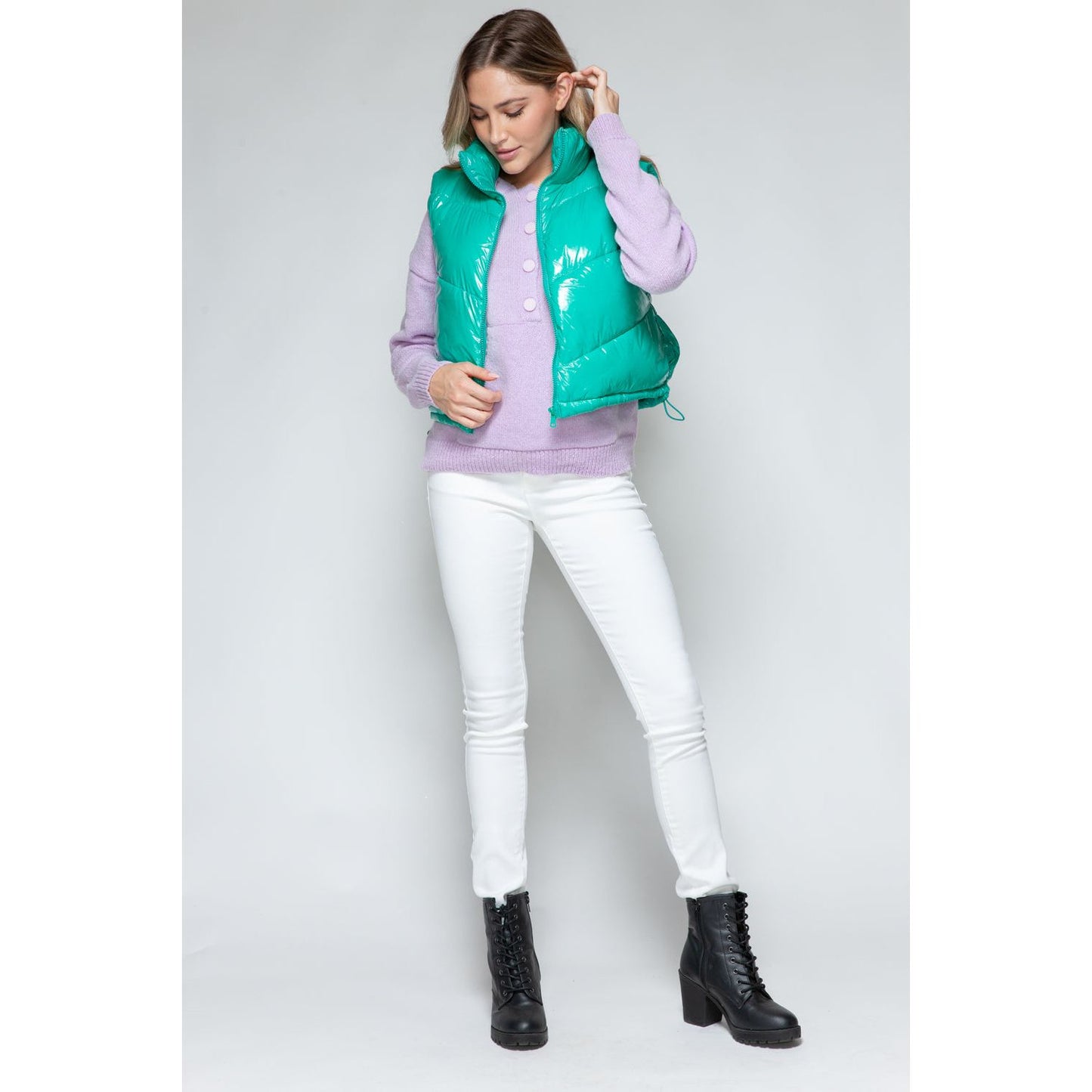 Snobbish Zip Up Turtleneck Shiny Quilted Vest