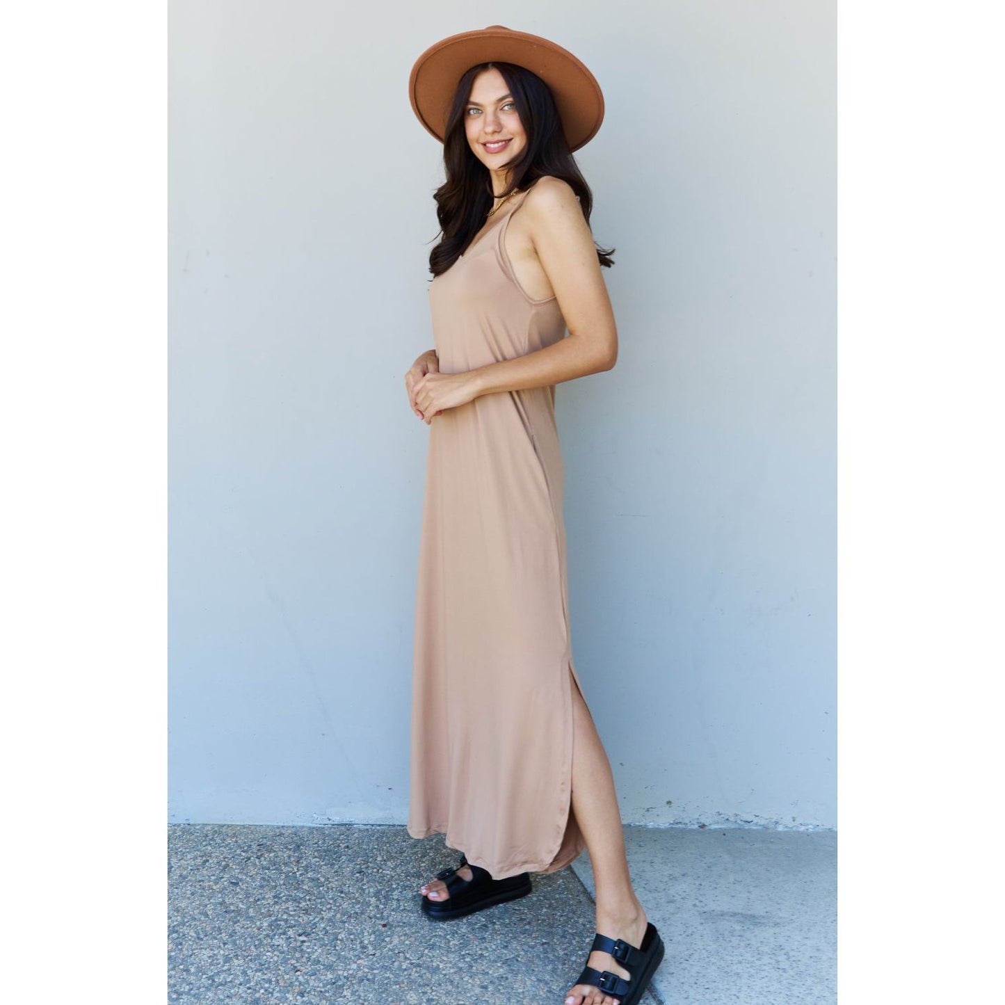 Ninexis Good Energy Full Size Cami Side Slit Maxi Dress in Camel