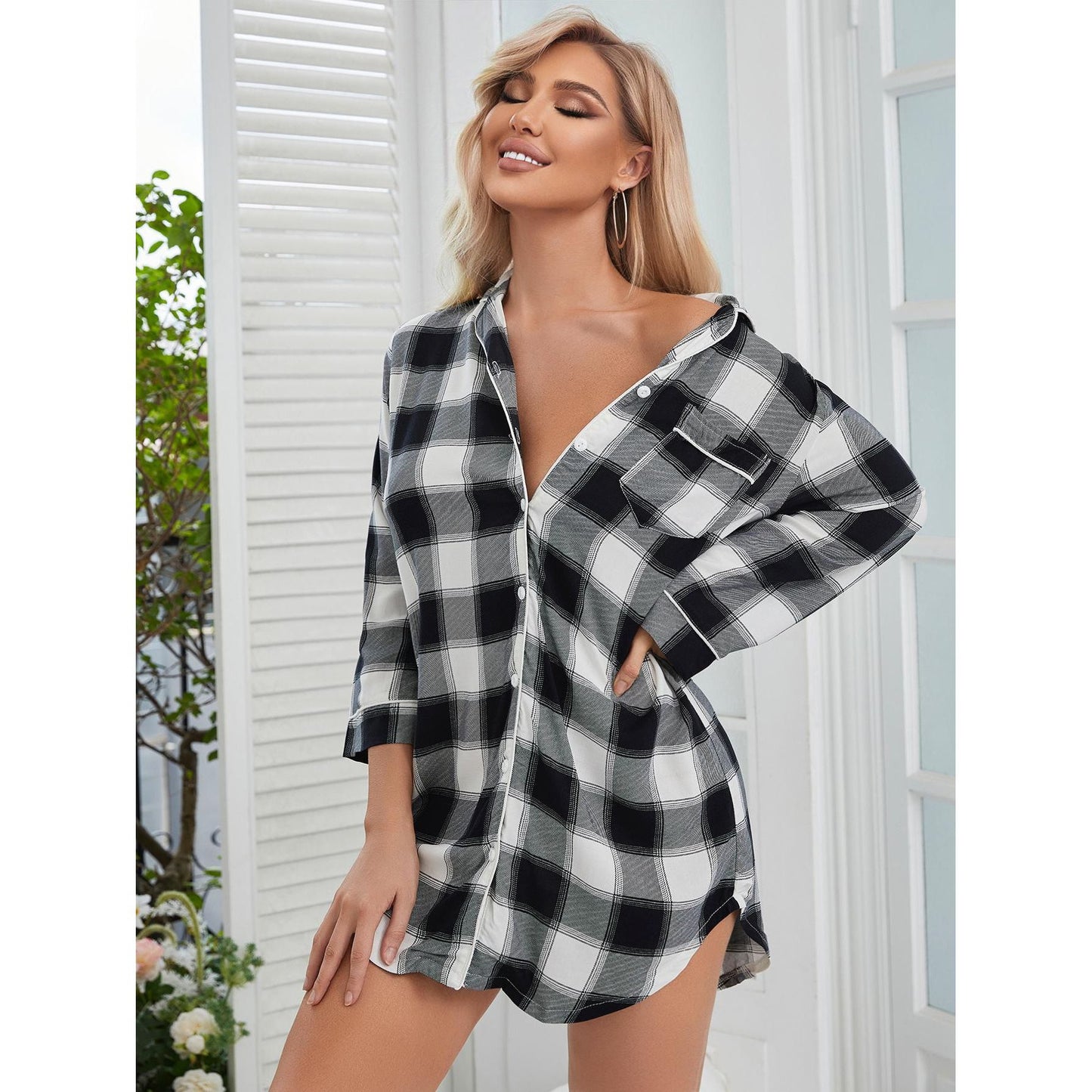 Plaid Lapel Collar Shirt Dress