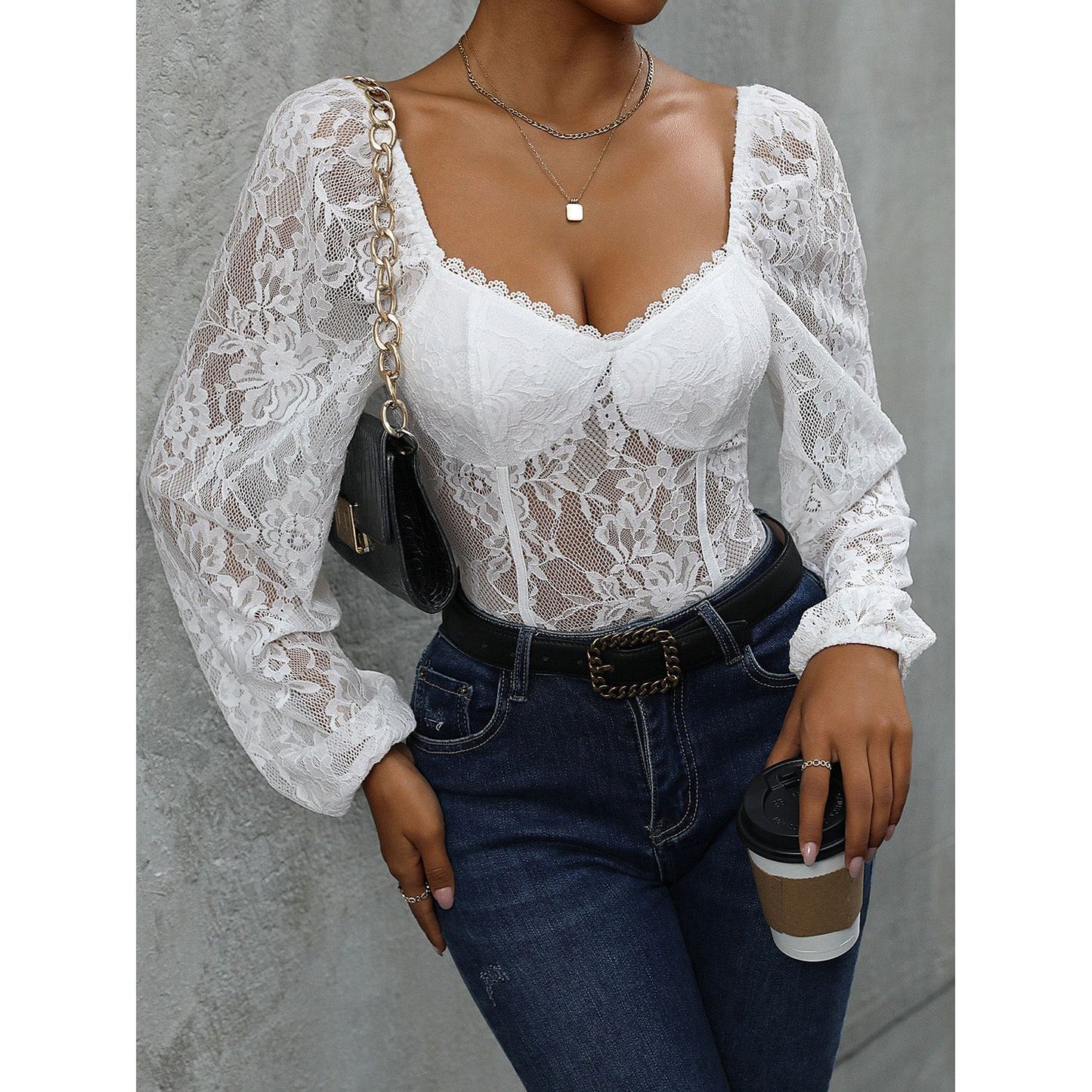 Perfee Lace Balloon Sleeve Bodysuit