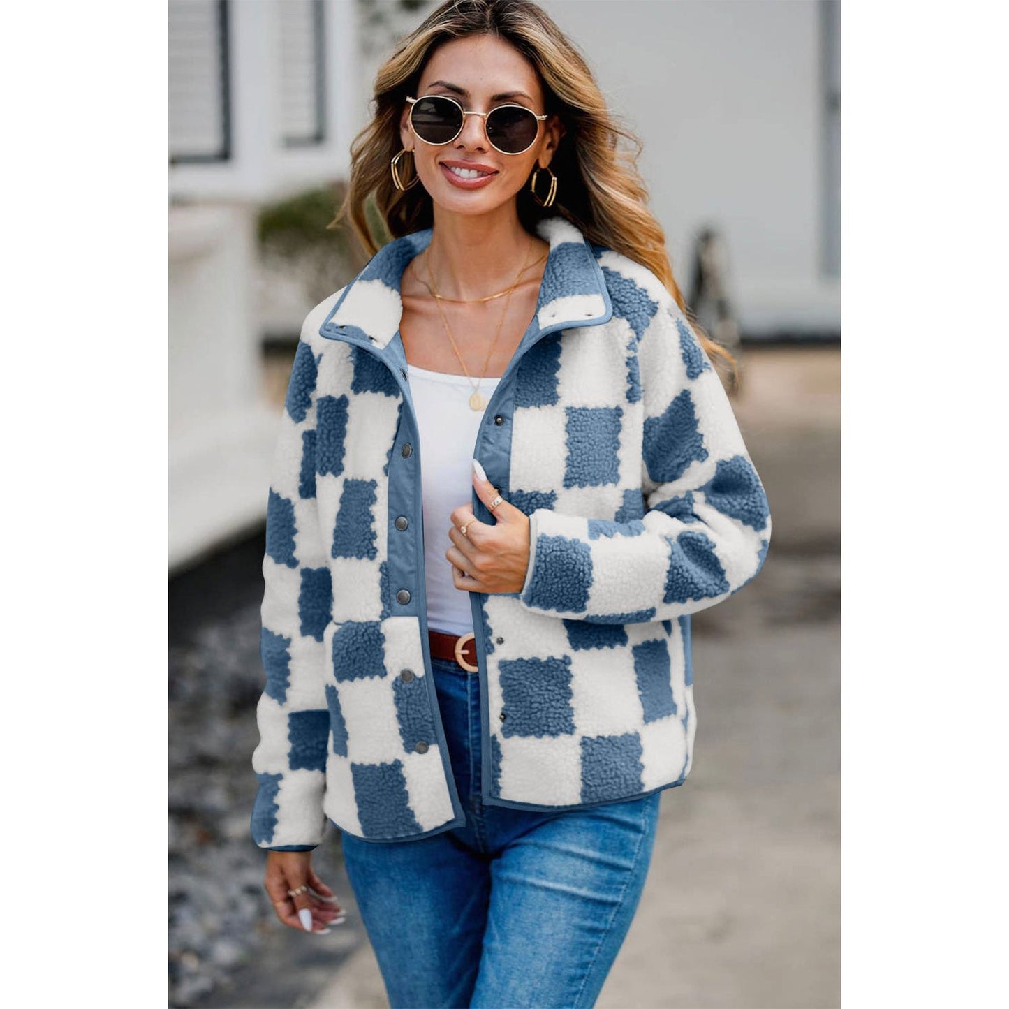 Checkered Snap Down Long Sleeve Teddy Jacket