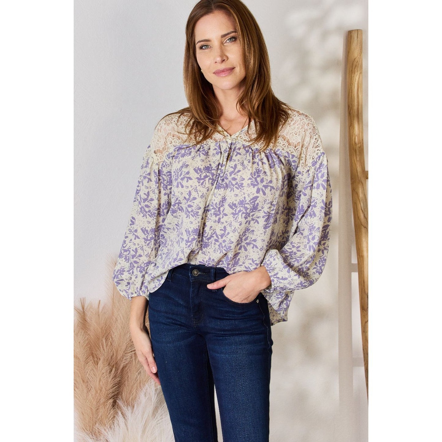 Hailey & Co Full Size Lace Detail Printed Blouse