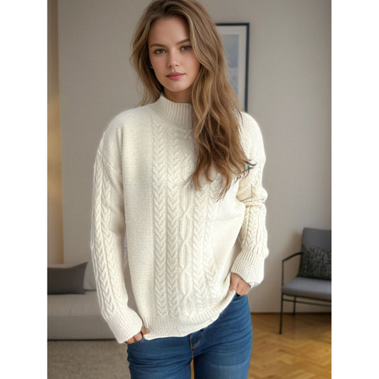 Cable-Knit Mock Neck Dropped Shoulder Sweater