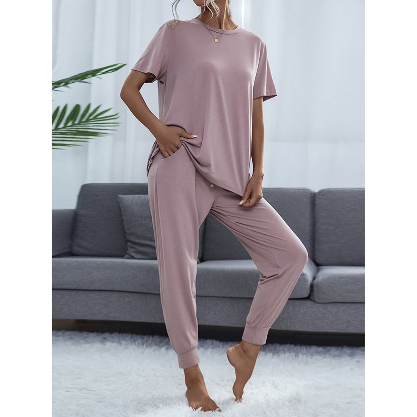 Shiny Round Neck Short Sleeve Top and Pants Set