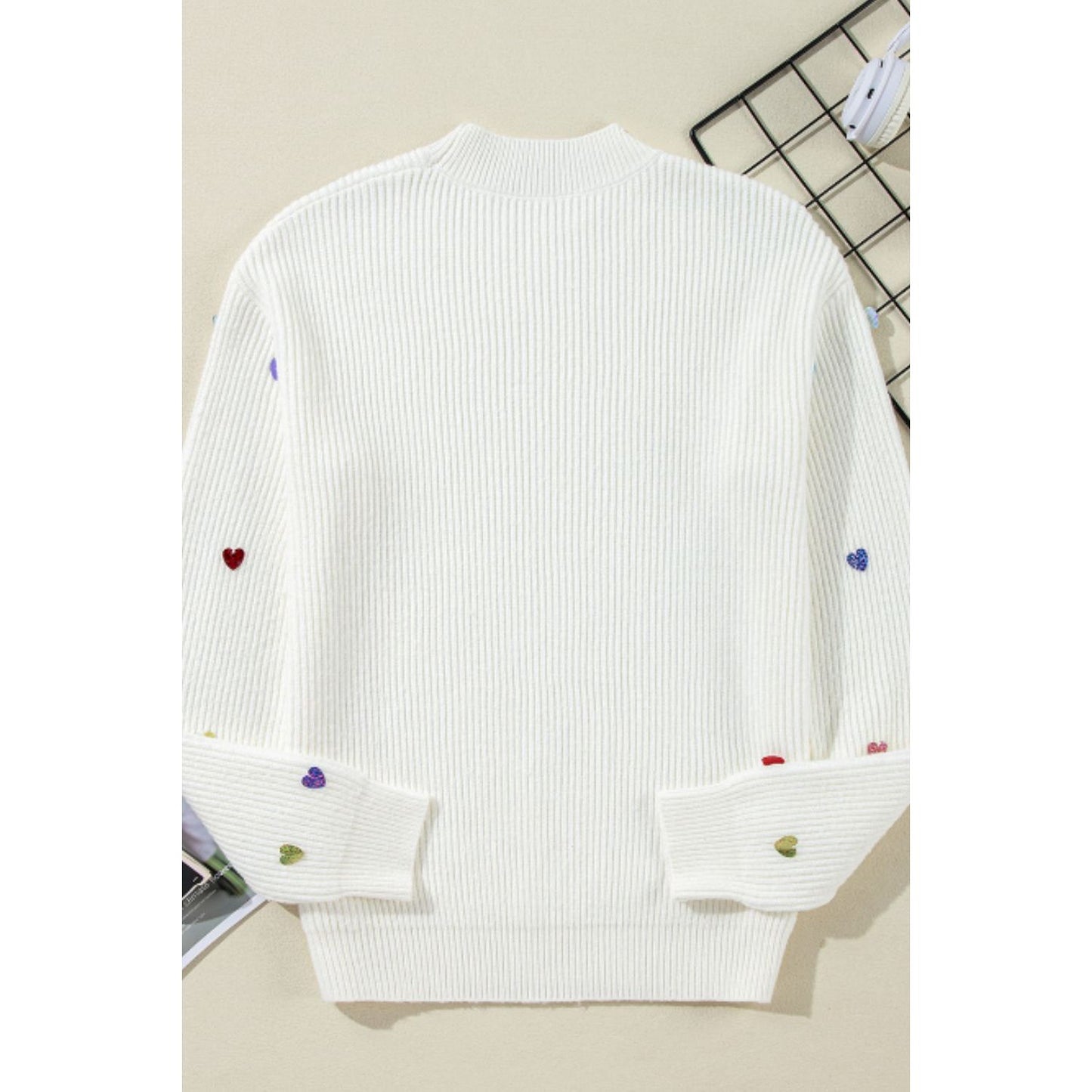 Heart Sequin Round Neck Long Sleeve Sweater