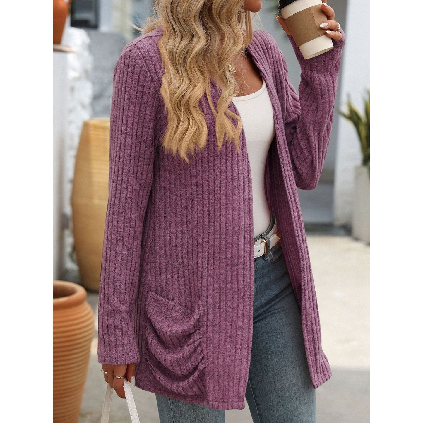 Open Front Long Sleeve Ribbed Cardigan