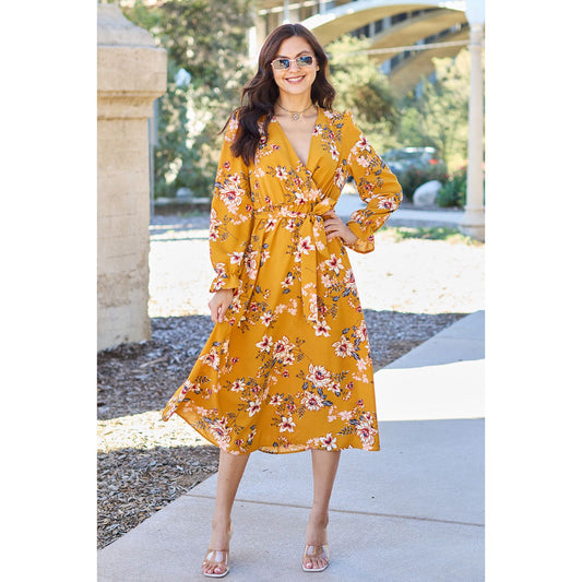 Double Take Full Size Floral Tie Back Flounce Sleeve Dress