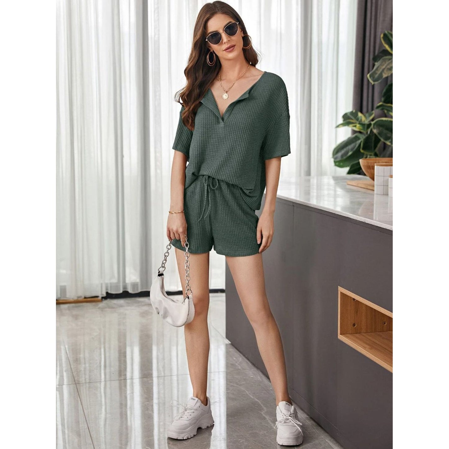 Full Size Waffle-Knit Dropped Shoulder Top and Shorts Set