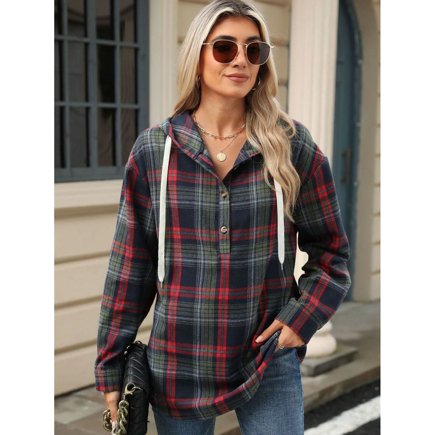 Drawstring Plaid Hooded Long Sleeve Top