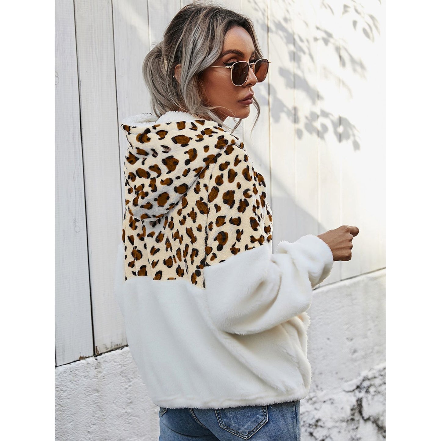 Shiny Leopard Half-Zip Dropped Shoulder Hoodie