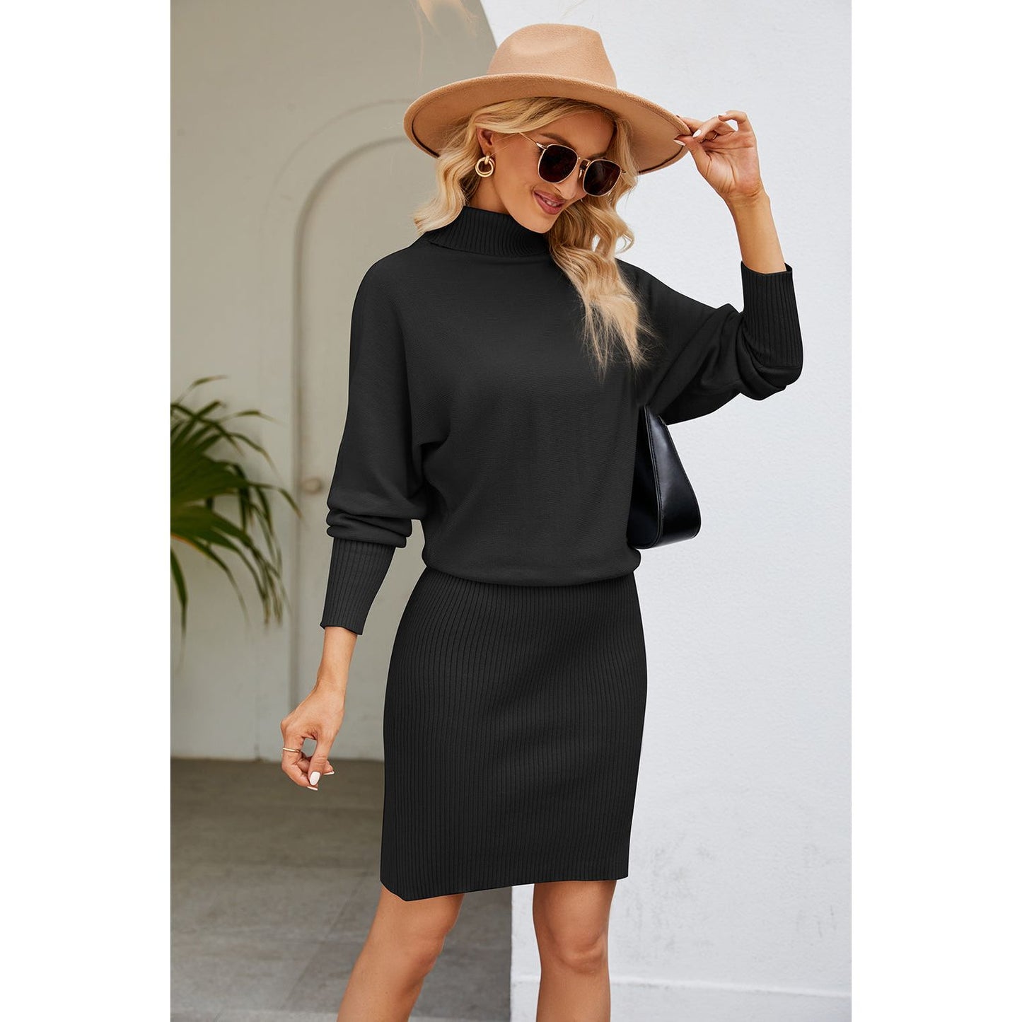 Ribbed Mock Neck Long Sleeve Dress