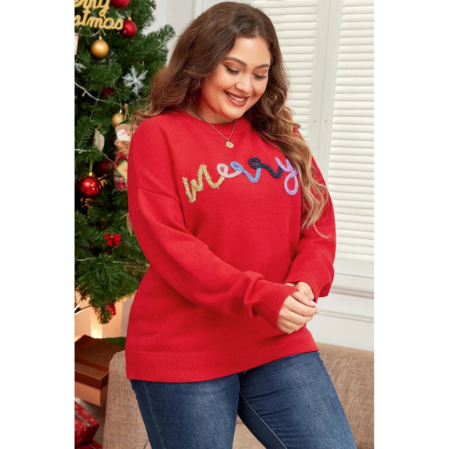 Plus Size MERRY Round Neck Long Sleeve Sweater