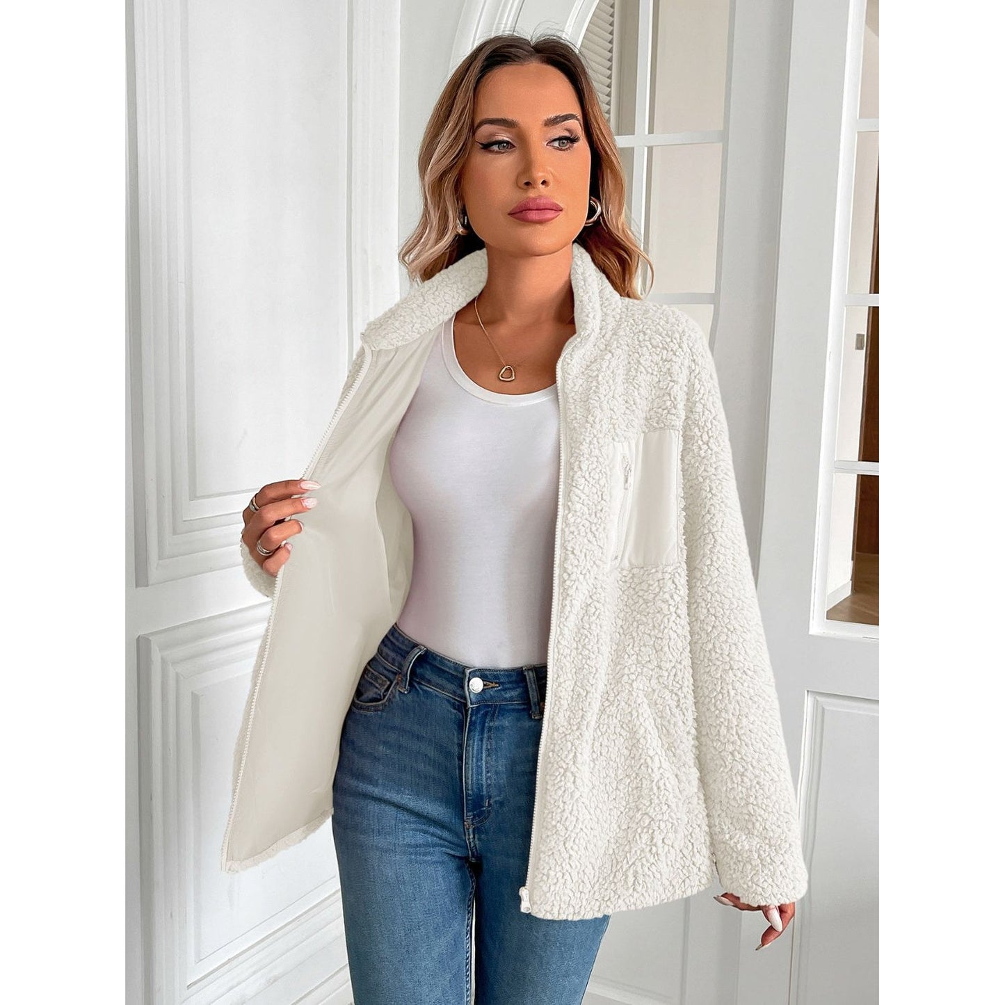 Ivy Lane Zip Up Long Sleeve Fuzzy Jacket