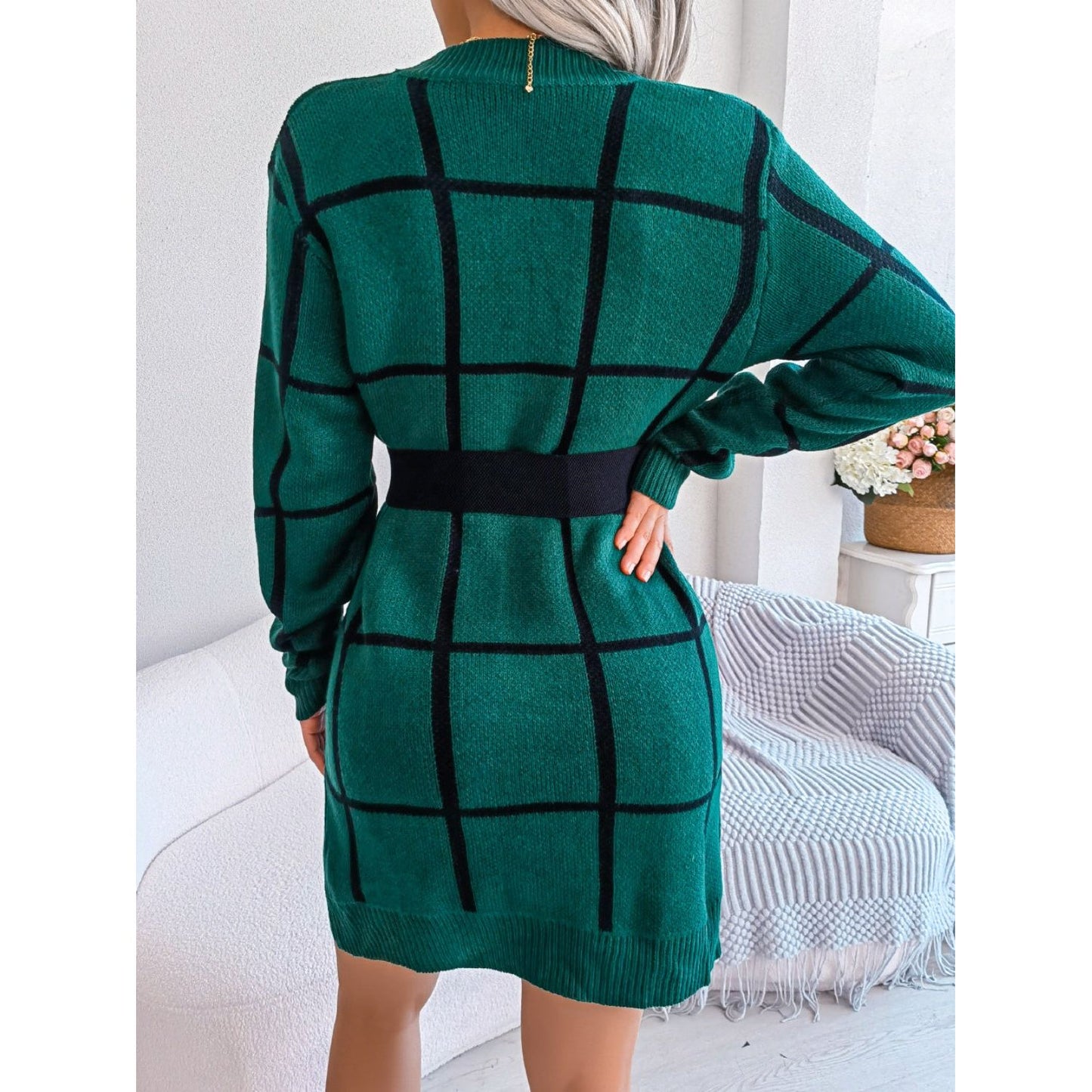 Plaid Round Neck Dropped Shoulder Sweater Dress