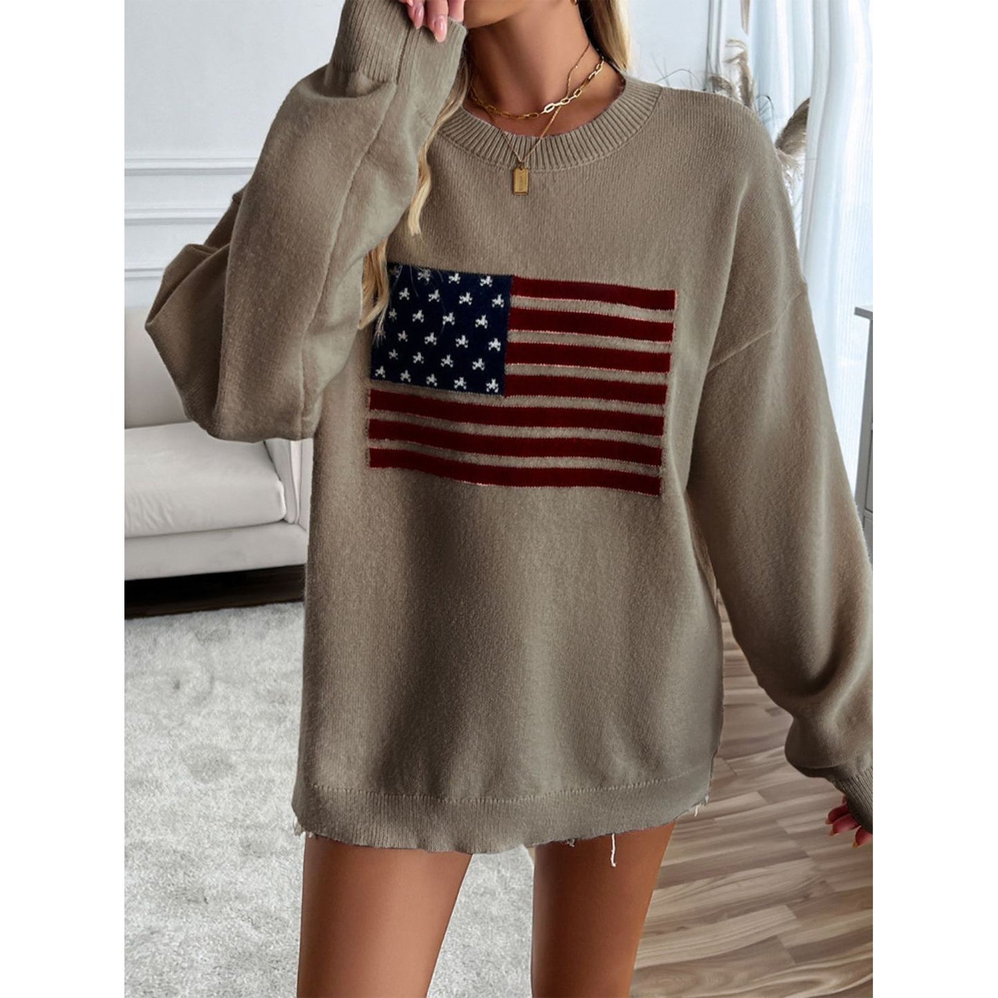 Devine US Flag Round Neck Long Sleeve Knit Top