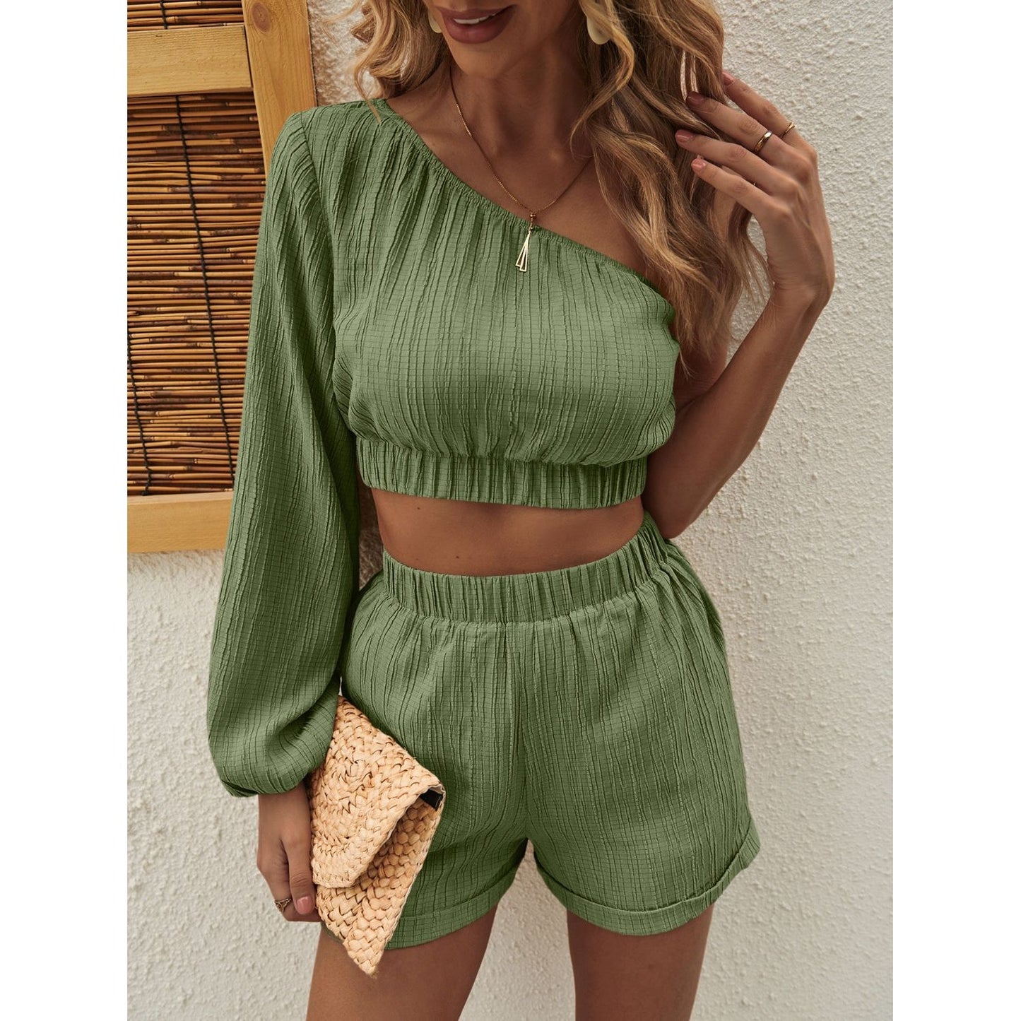 Honey One Shoulder Long Sleeve Top and Shorts Set