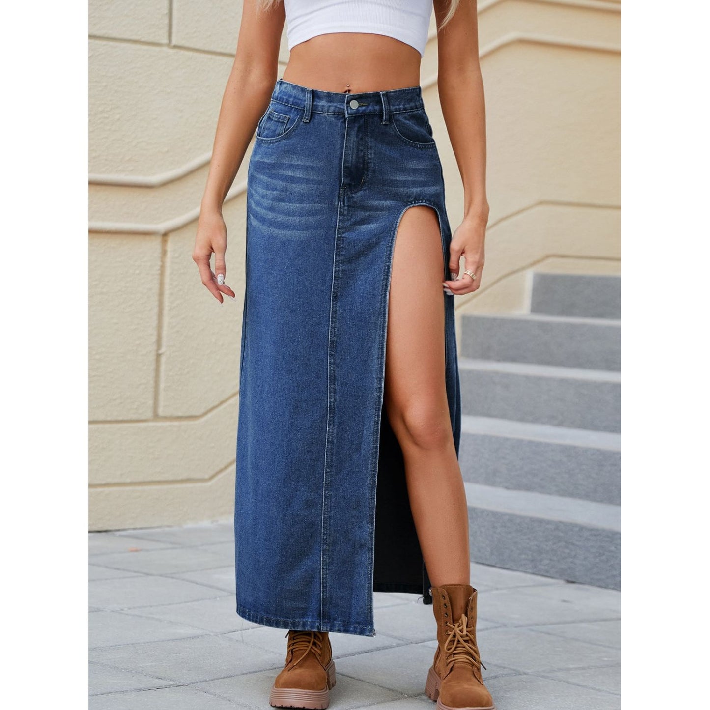 Slit Buttoned Denim Skirt with Pockets