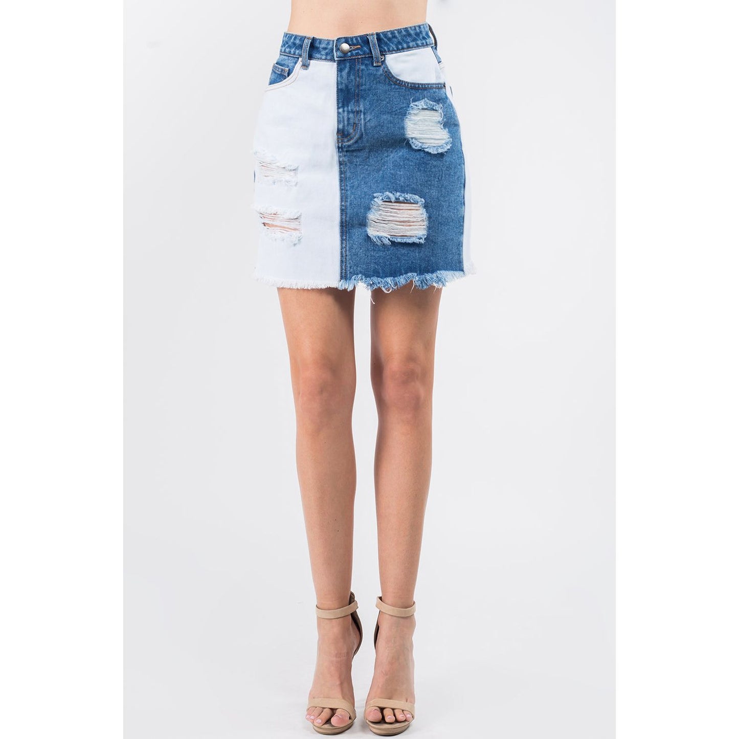 American Bazi Contrast Patched Frayed Denim Distressed Skirts