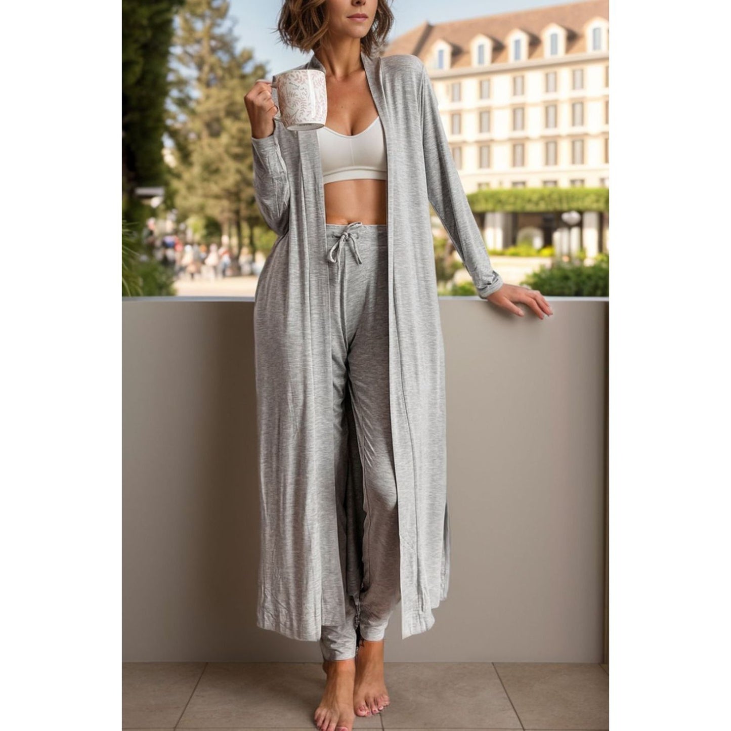 Open Front Long Sleeve Cardigan and Pants Lounge Set