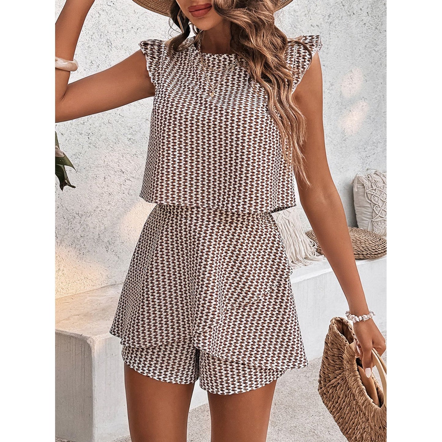 Printed Round Neck Top and Layered Shorts Set