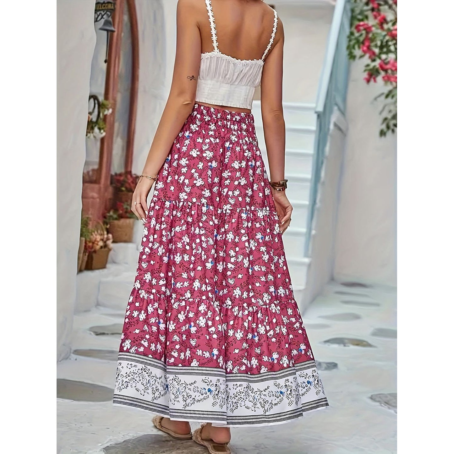 Full Size Tiered Printed Elastic Waist Skirt