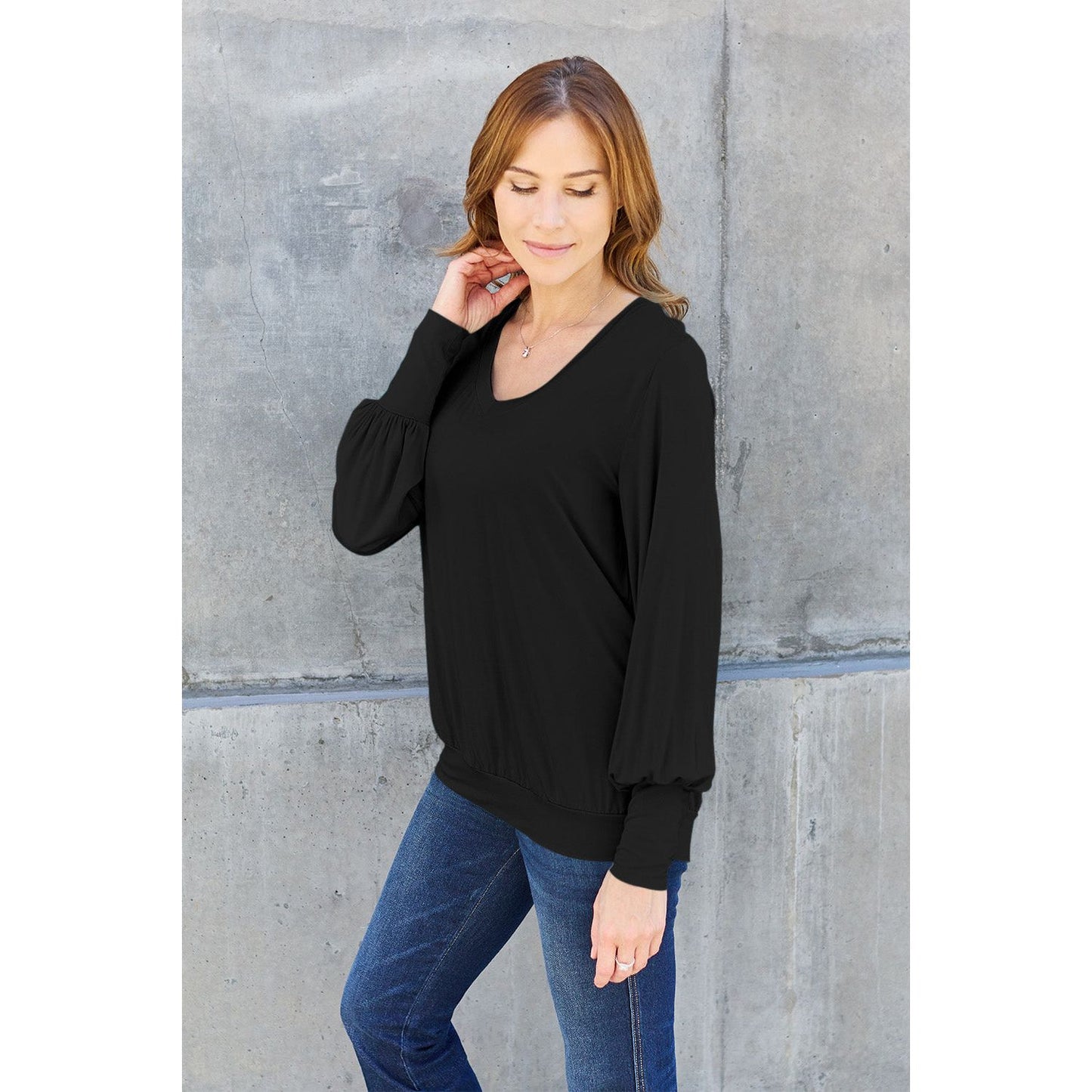 Basic Bae Full Size V-Neck Lantern Sleeve Top