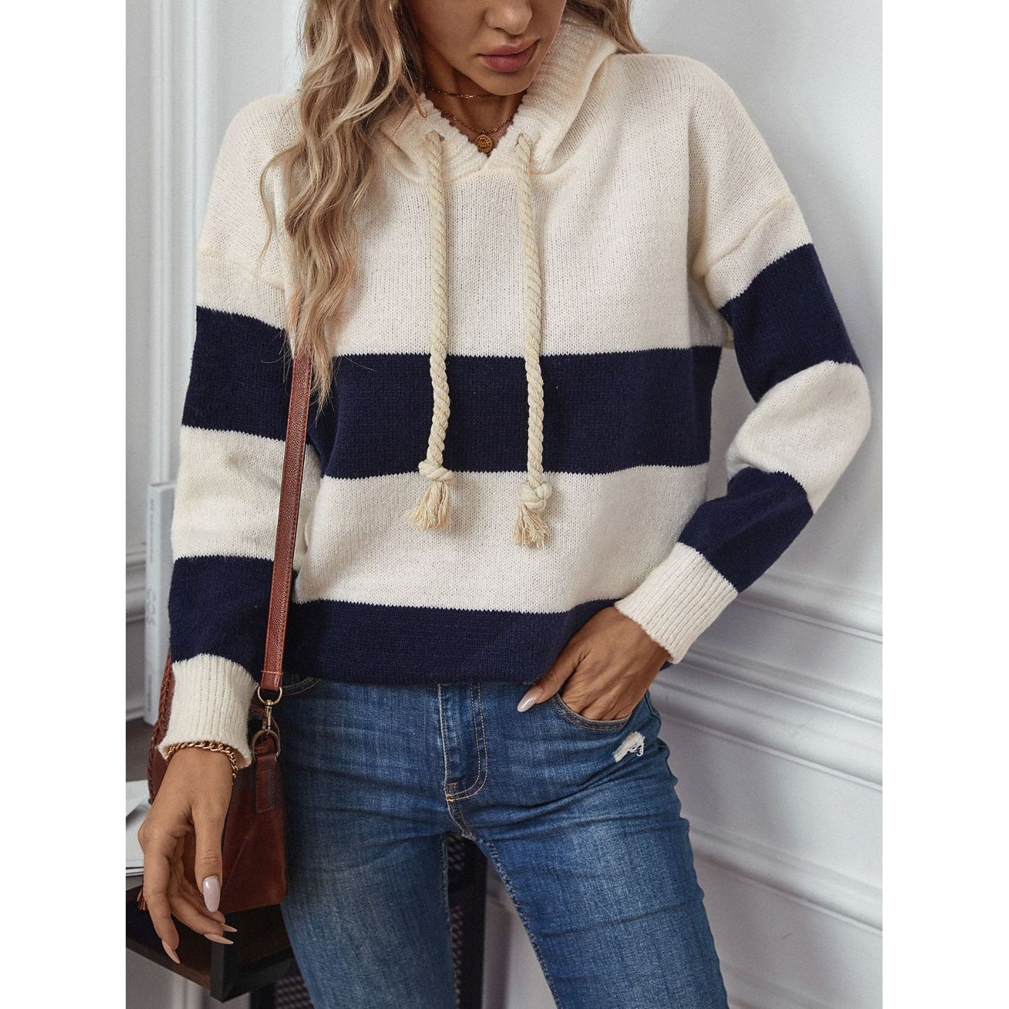 Drawstring Contrast Stripe Dropped Shoulder Hooded Sweater