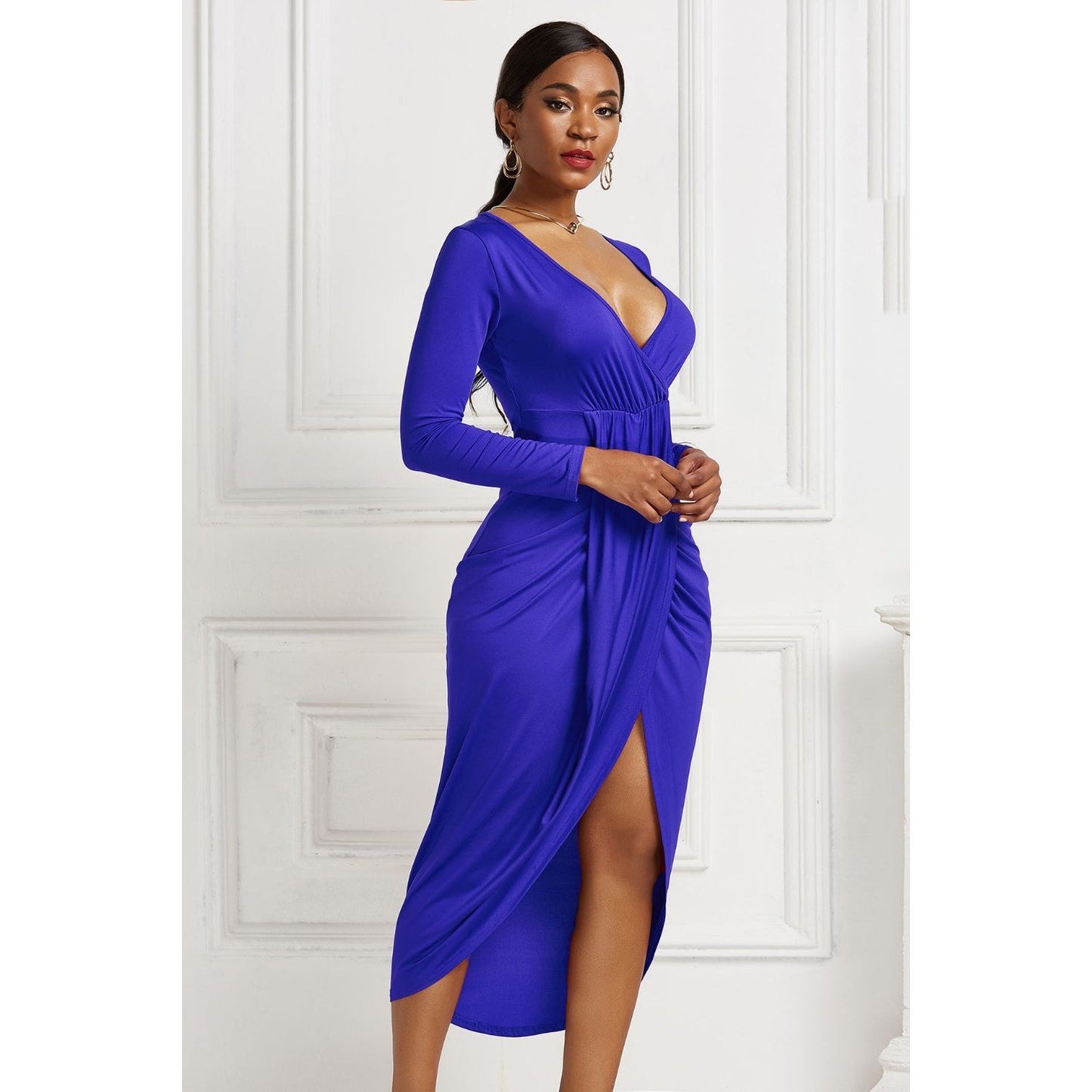 High-low Ruched Surplice Long Sleeve Dress