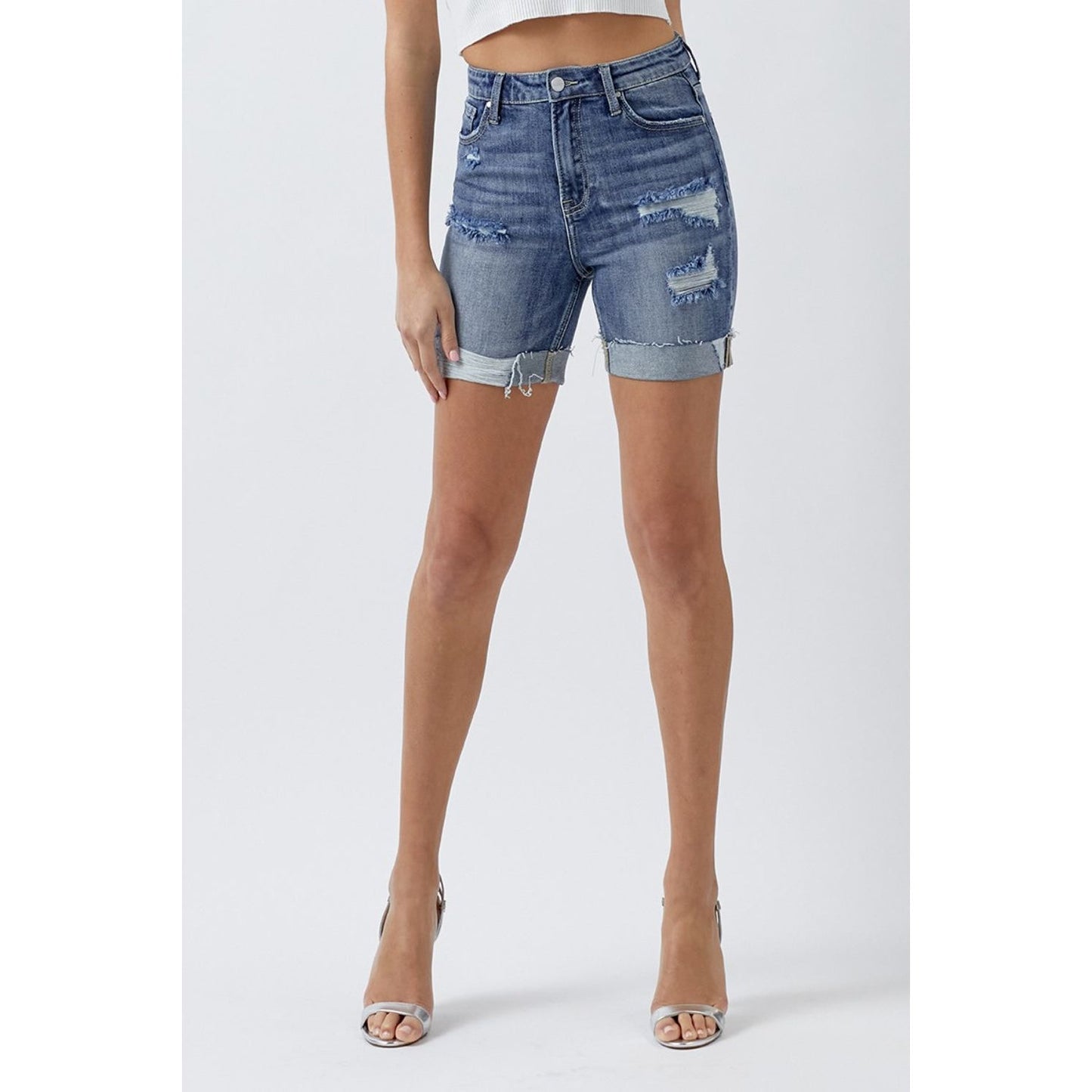 RISEN Full Size Distressed Rolled Denim Shorts with Pockets