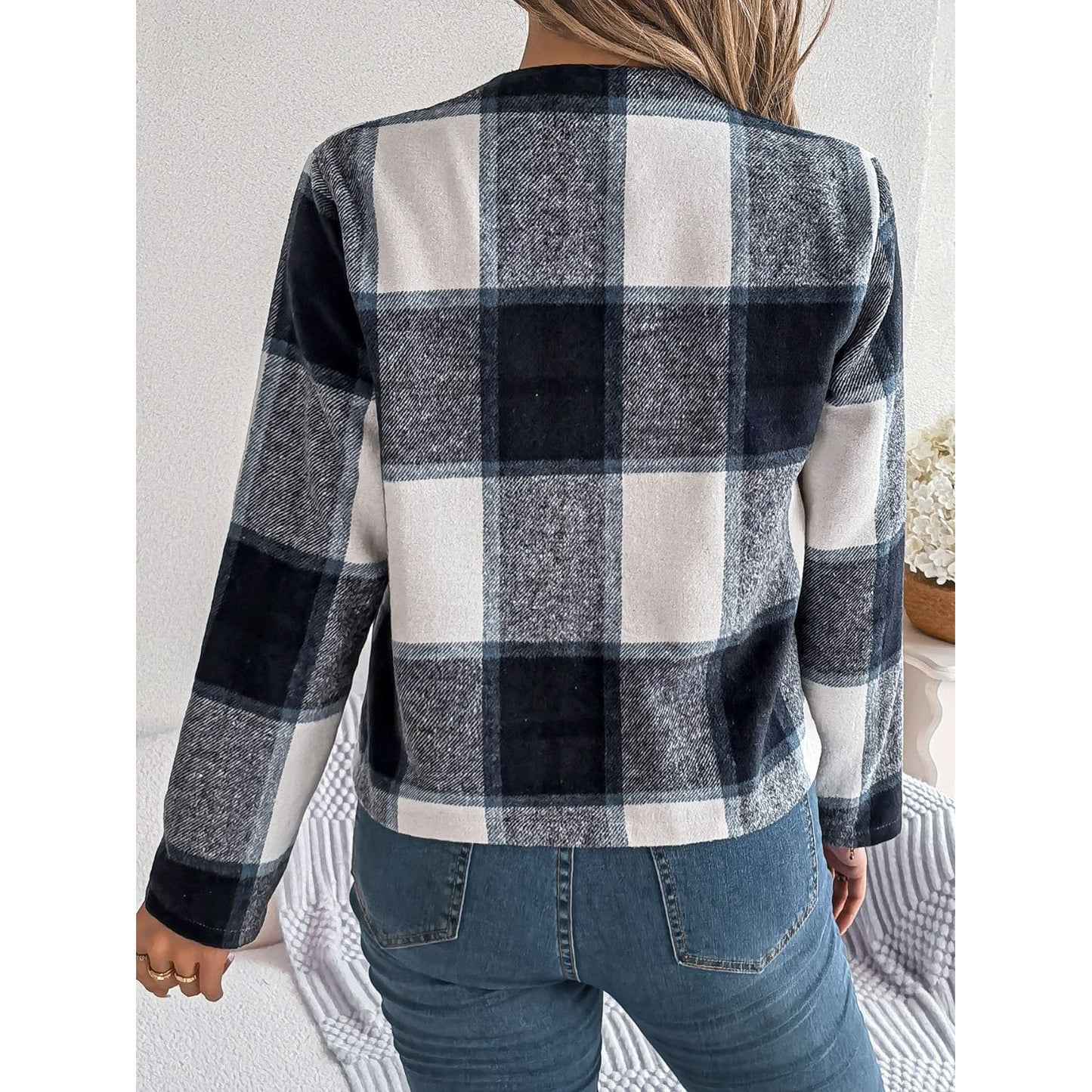 Plaid Open Front Long Sleeve Jacket