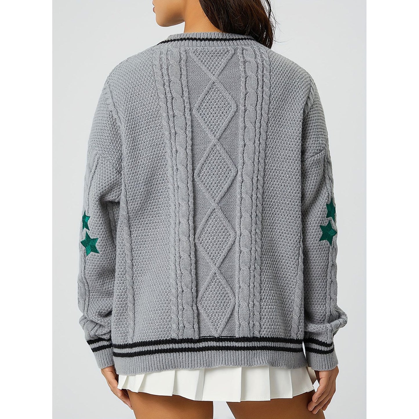 Star Embroidered V-Neck Long Sleeve Cardigan