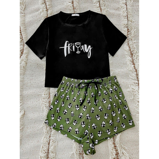 Graphic Tee and Panda Print Shorts Lounge Set