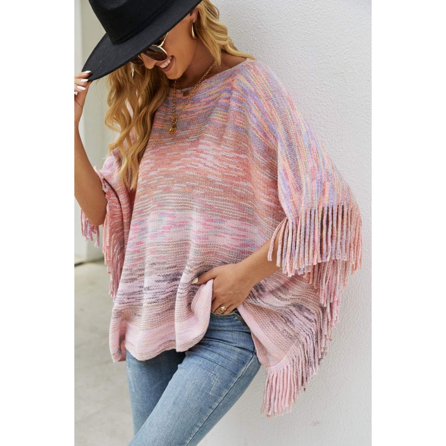 Round Neck Fringe Detail Poncho