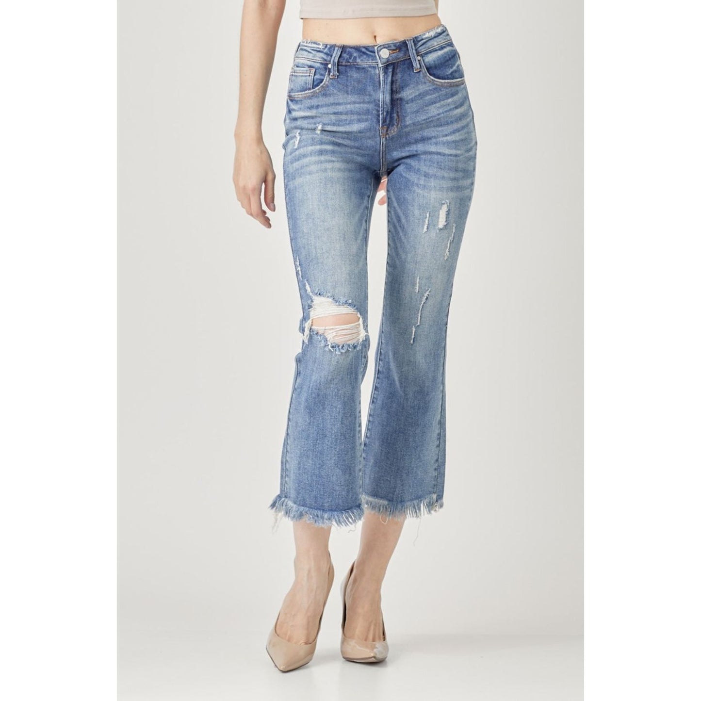 RISEN High Waist Distressed Cropped Bootcut Jeans