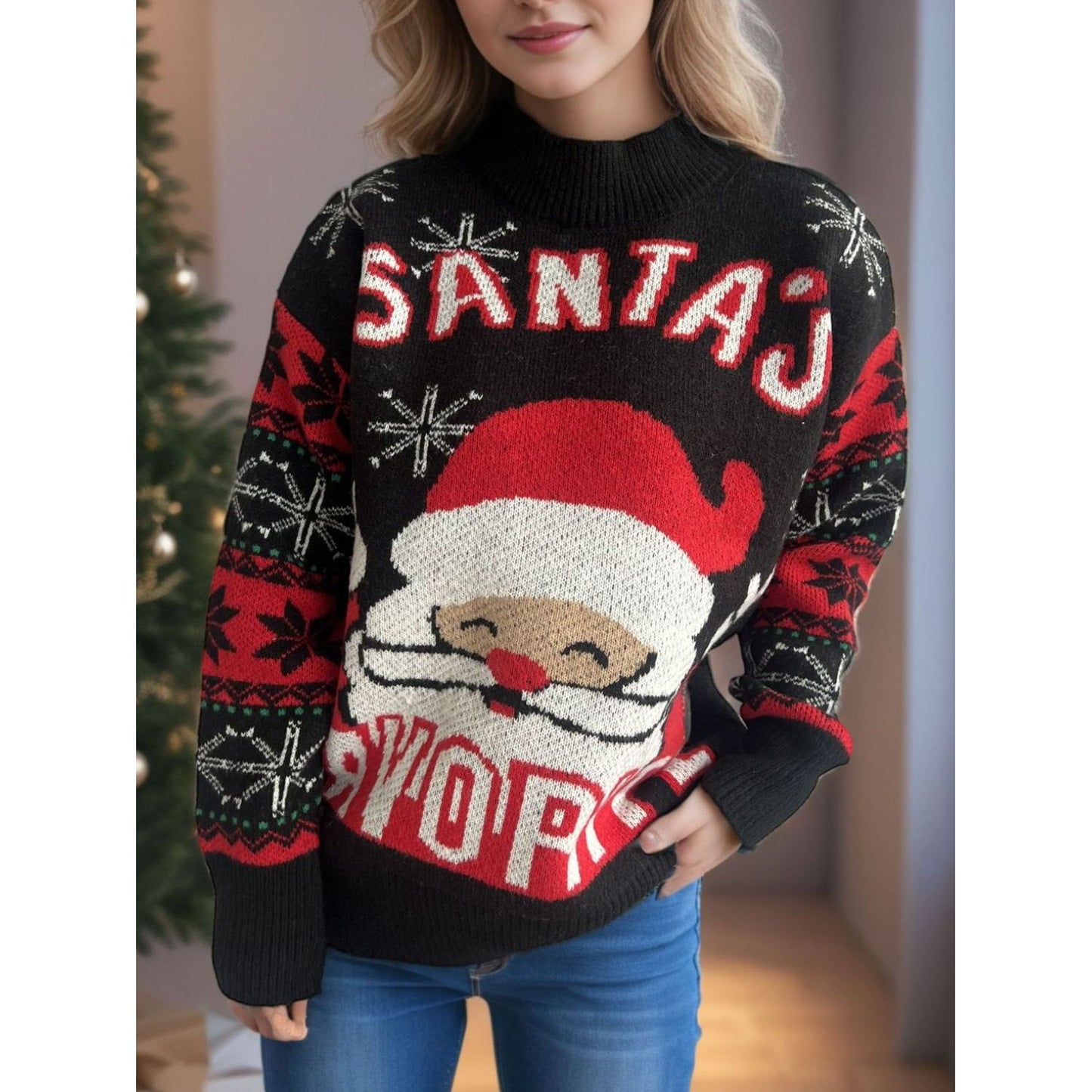 Santa Mock Neck Long Sleeve Sweater