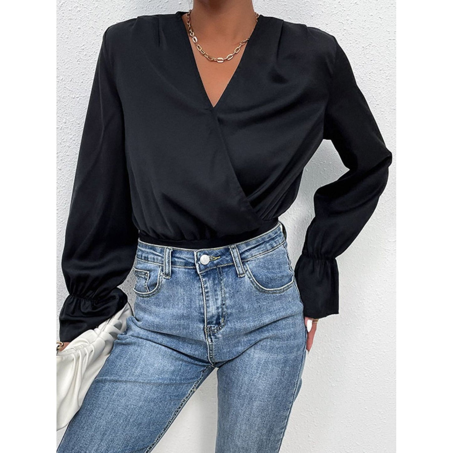 Perfee Surplice Neck Flounce Sleeve Bodysuit