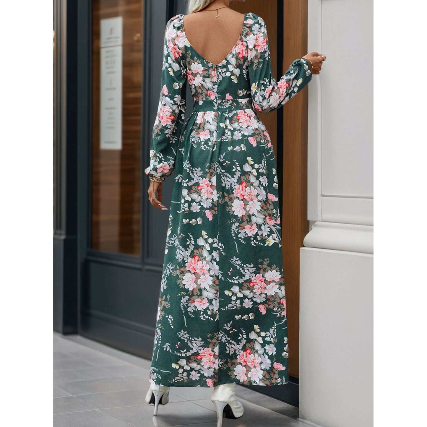 Slit Printed Surplice Long Sleeve Maxi Dress