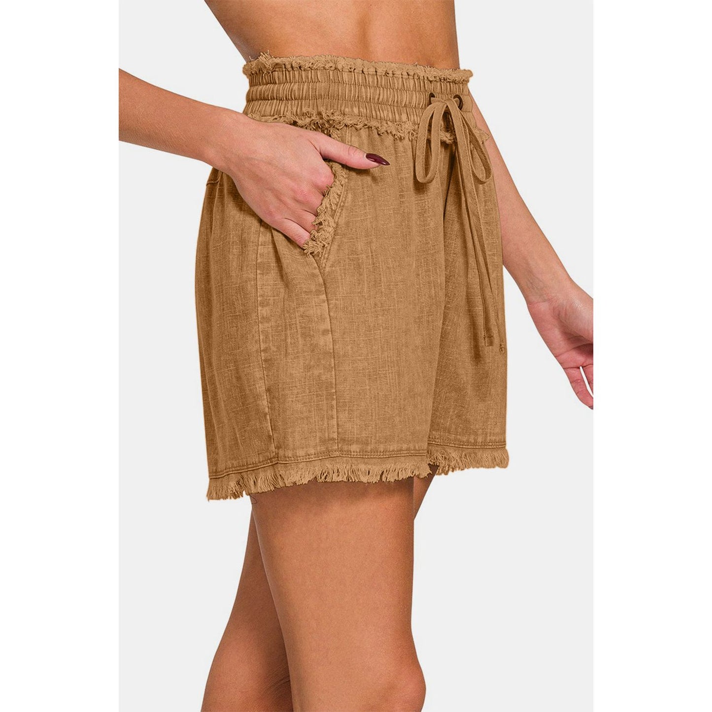 Zenana Washed Linen Frayed Hem Drawstring Shorts