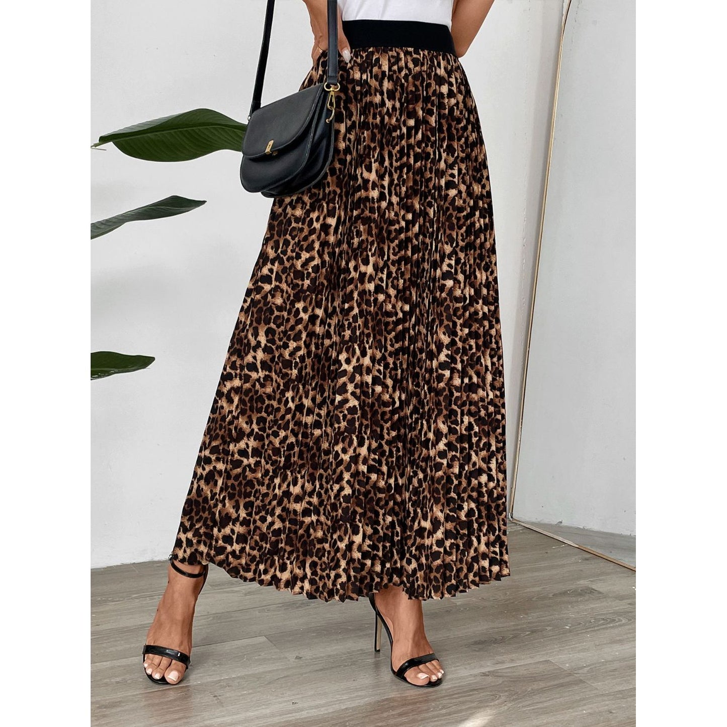 Perfee Pleated Leopard Maxi Skirt