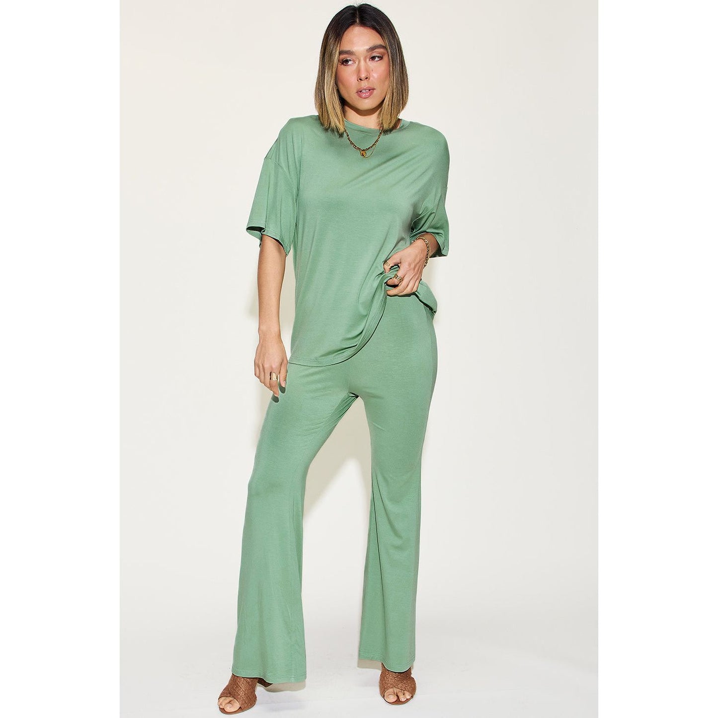 Basic Bae Full Size Bamboo Drop Shoulder T-Shirt and Flare Pants Set