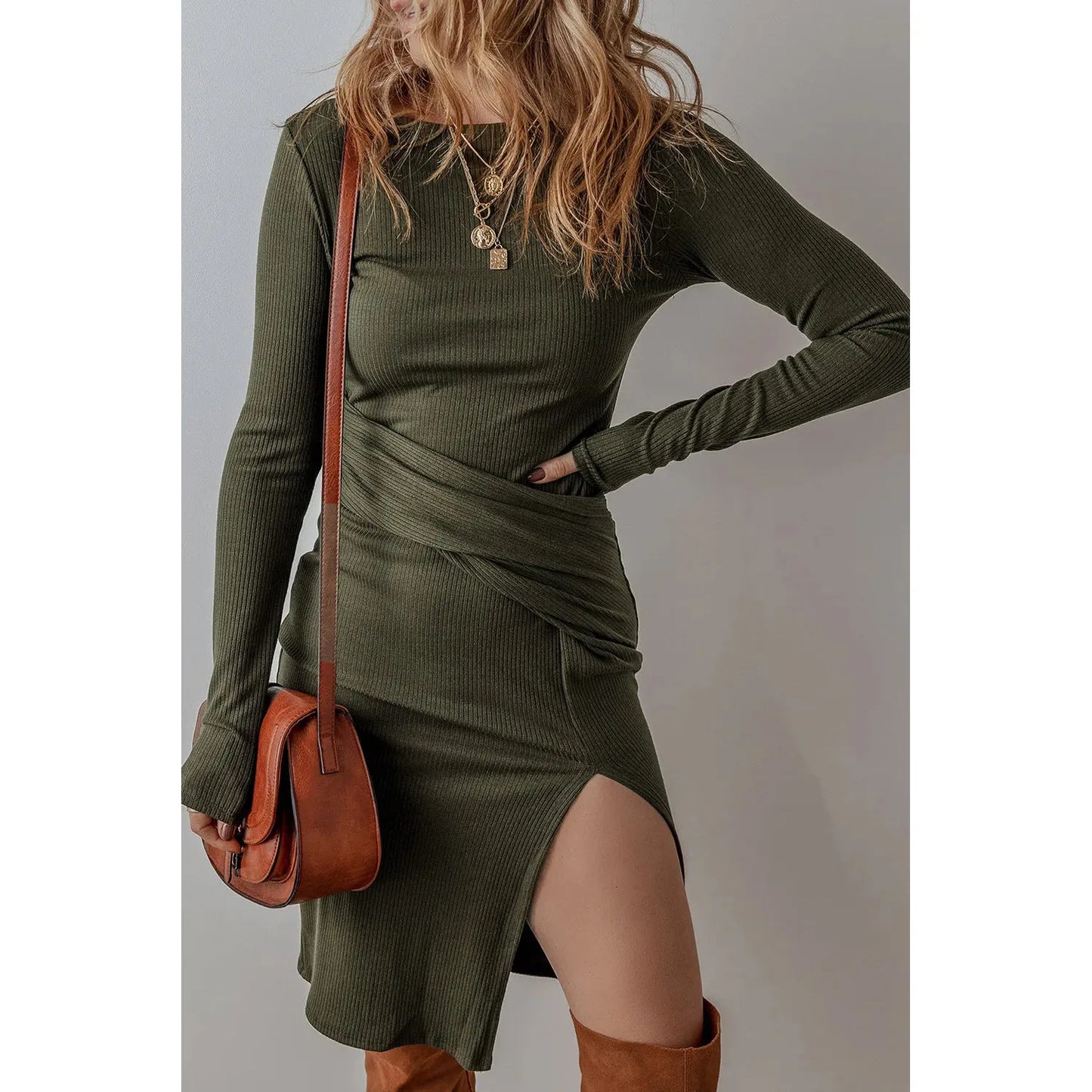 Slit Round Neck Long Sleeve Mini Dress