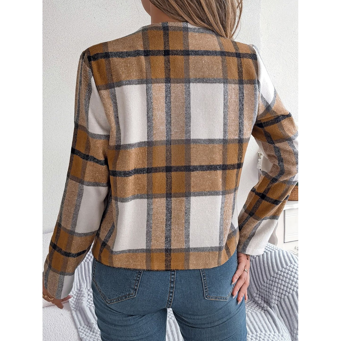 Plaid Open Front Long Sleeve Jacket