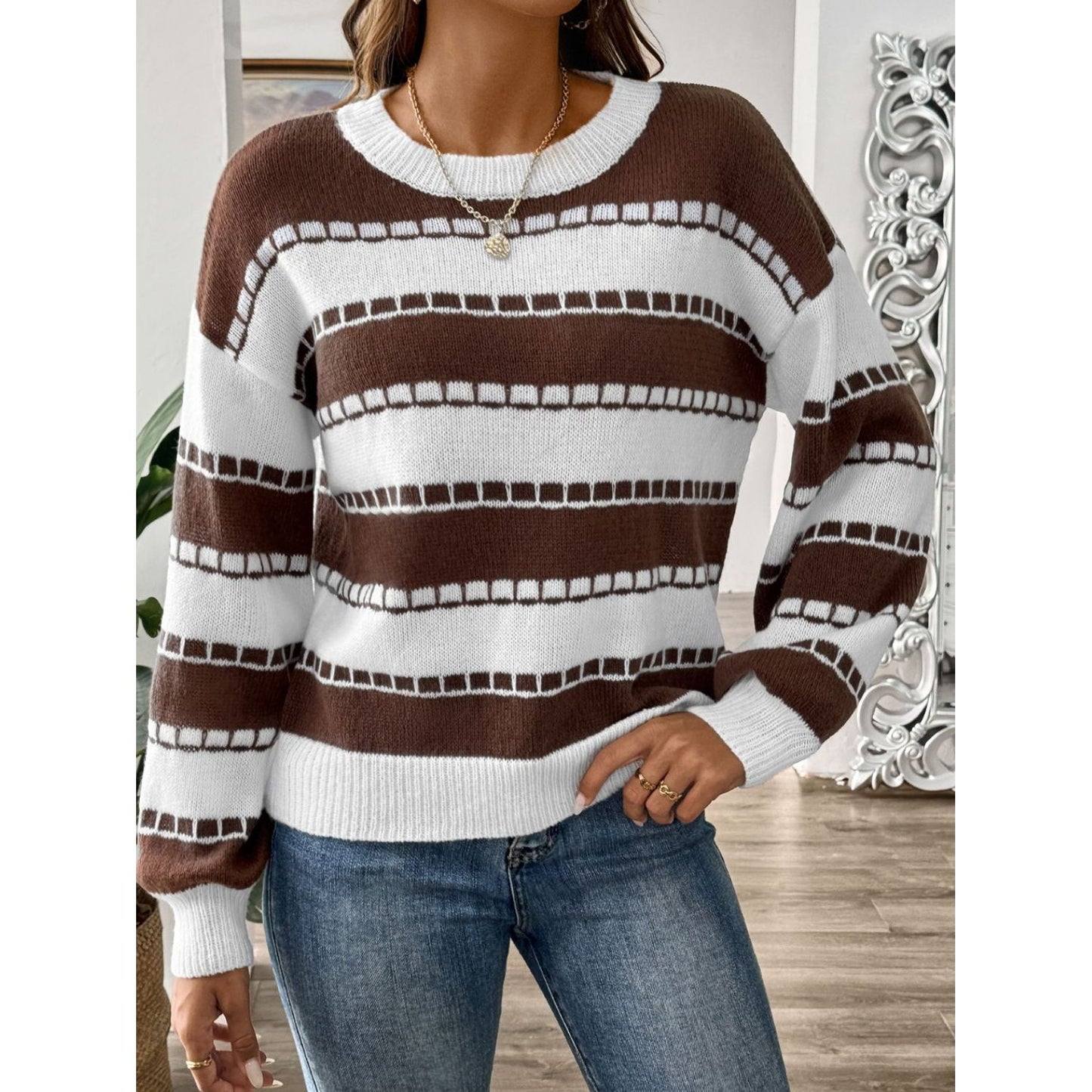 Striped Round Neck Long Sleeve Sweater