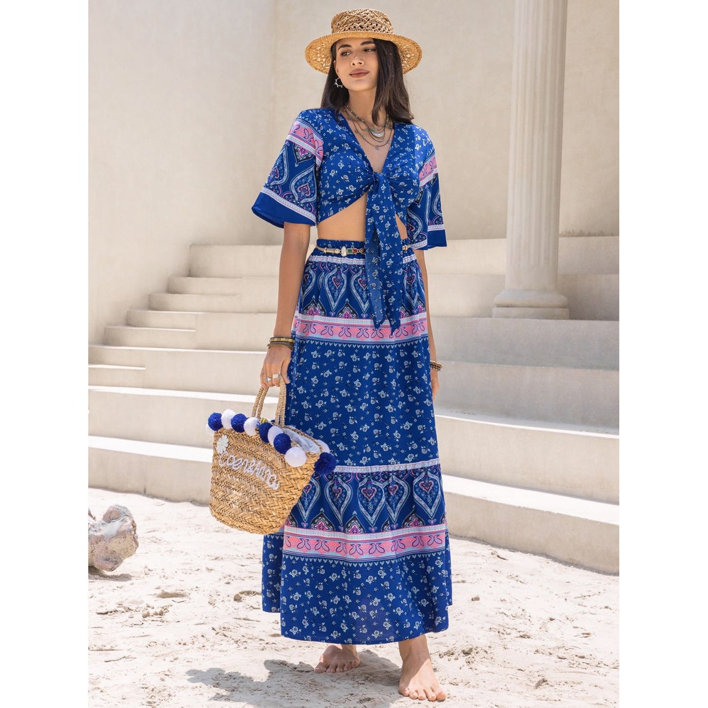 Printed Flutter Sleeve Top and Skirt Set