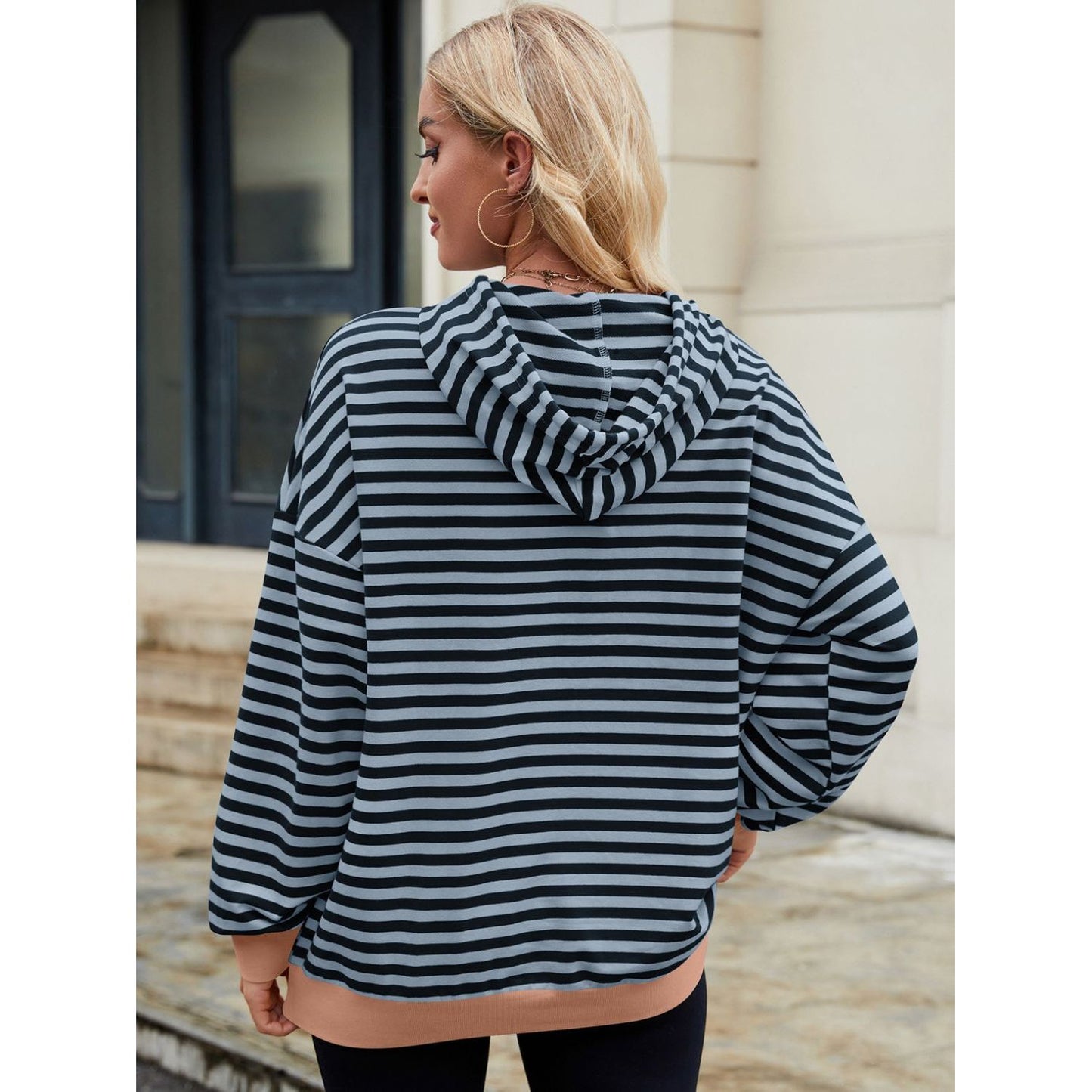 Drawstring Contrast Striped Long Sleeve Hoodie