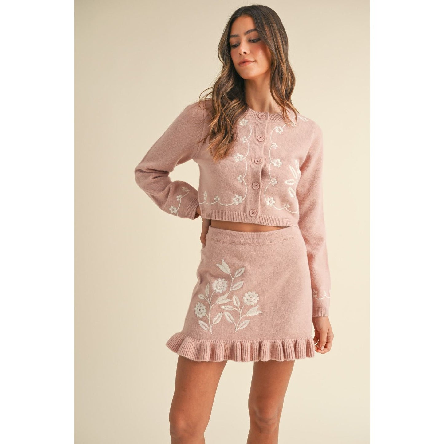 MABLE Floral Embroidered Crop Cardigan and Ruffled Mini Skirt Set