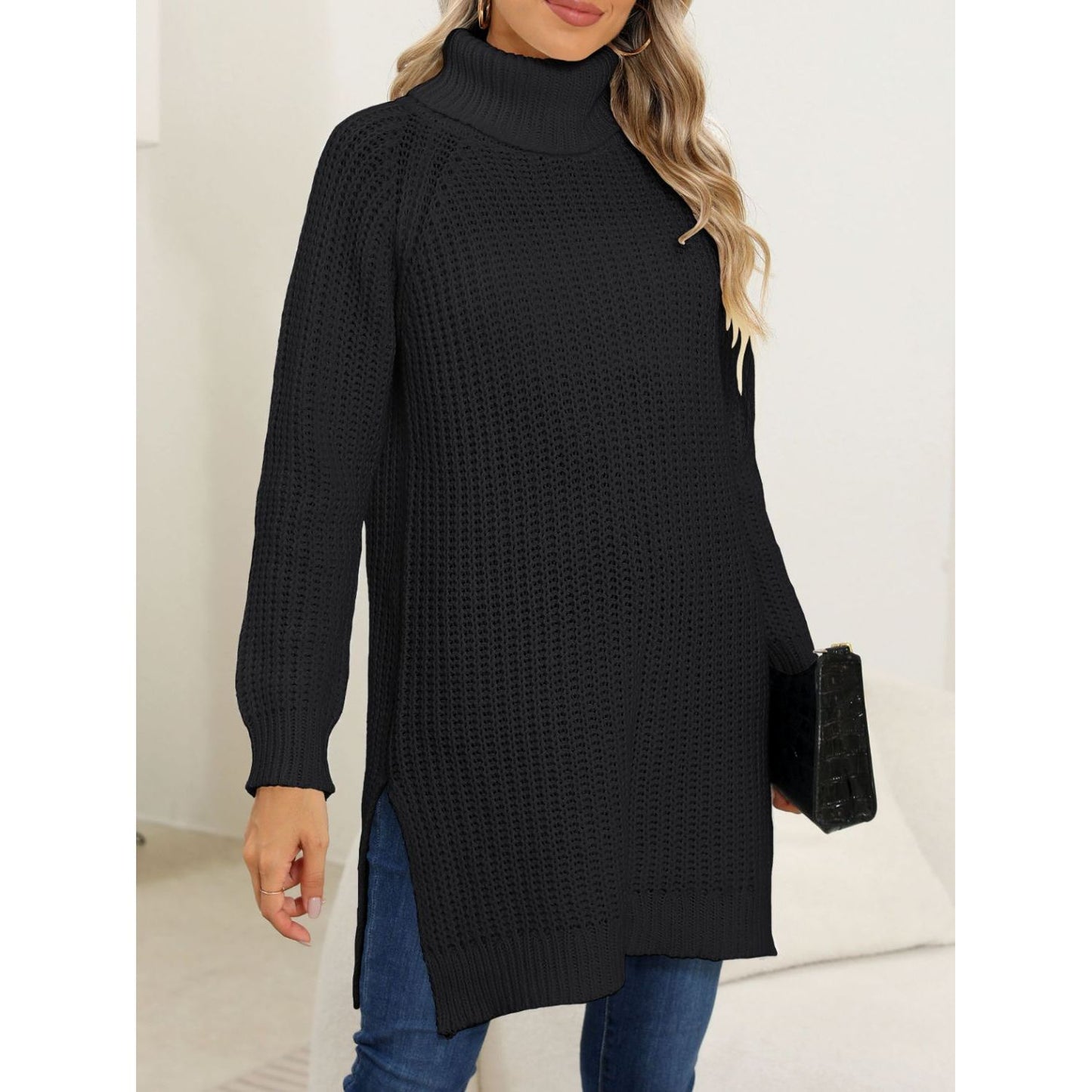 Slit Turtleneck Long Sleeve Sweater