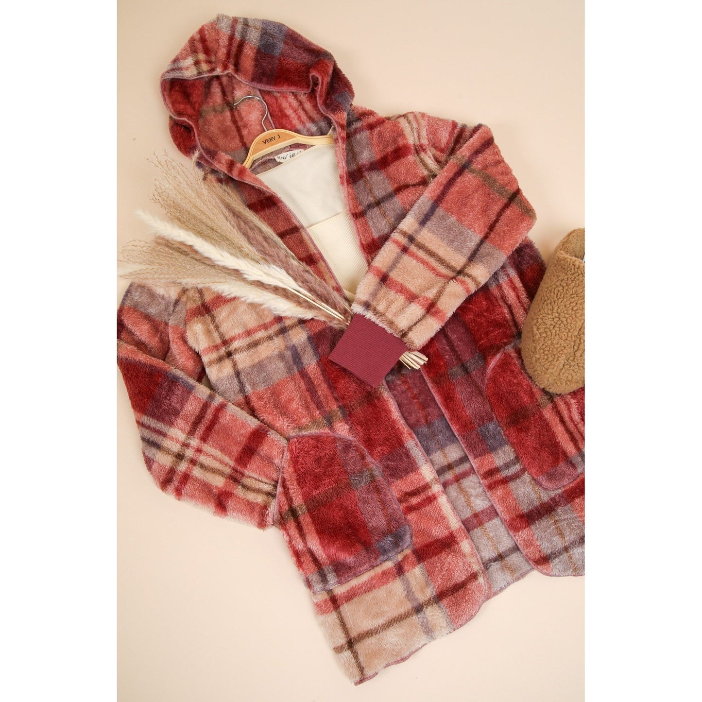 VERY J Fuzzy Plaid Long Sleeve Hooded Jacket